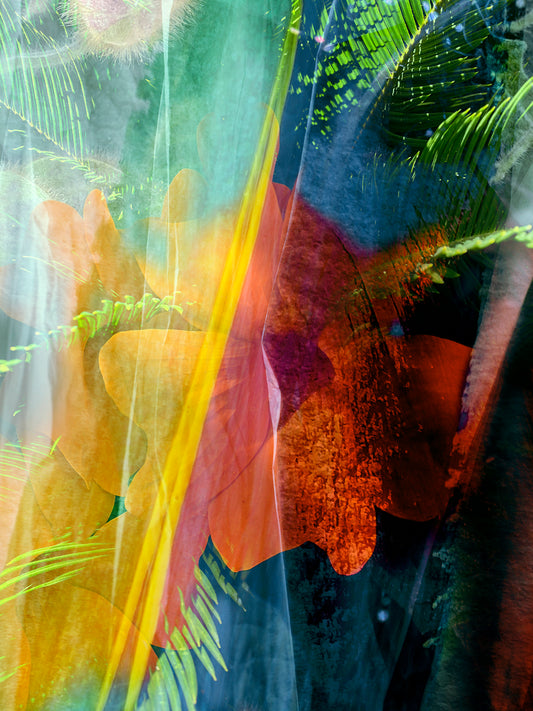 Abstract art with vibrant colors and shapes on a textured surface