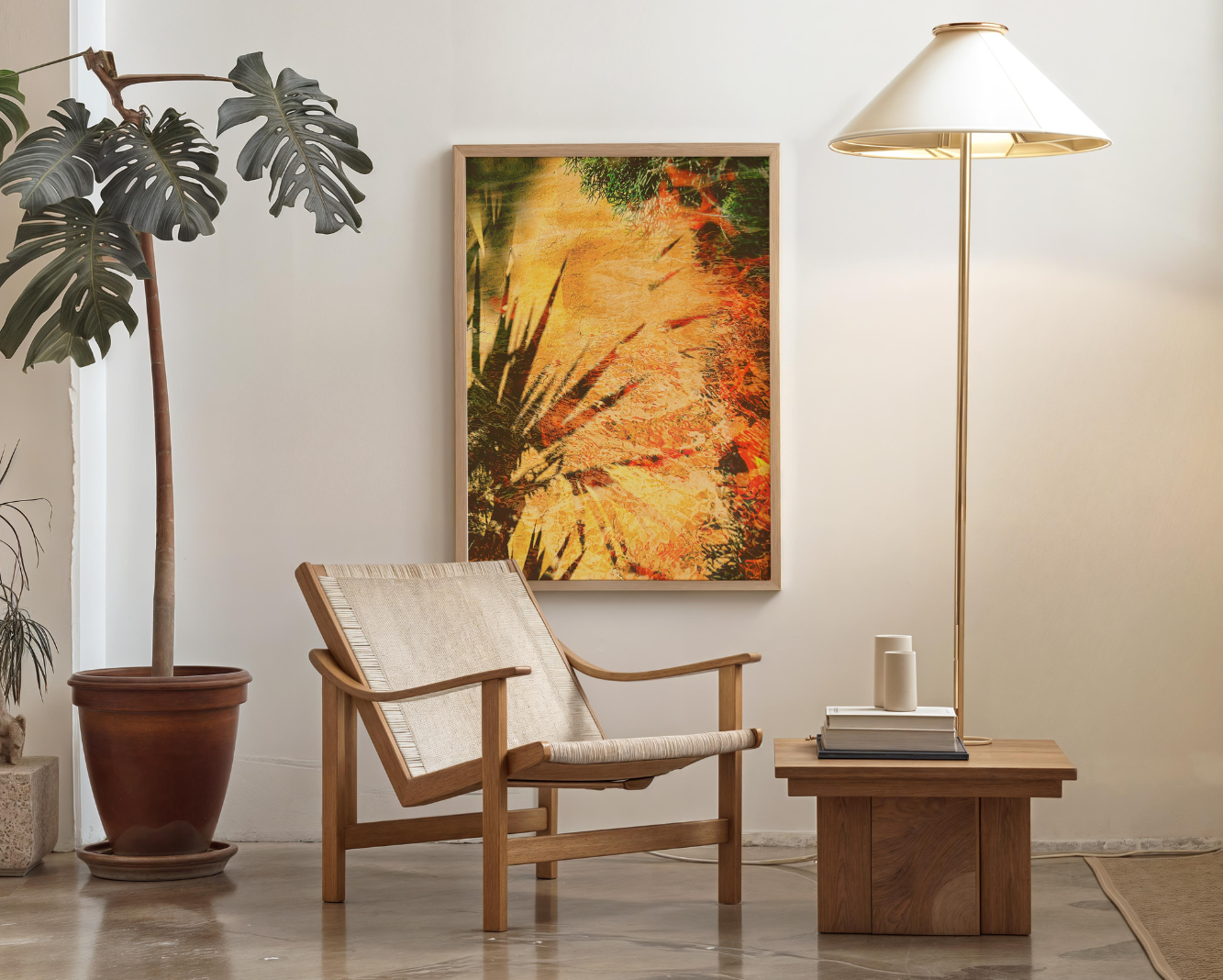 Modern interior with a wooden chair, potted plant, and abstract painting on a white wall.