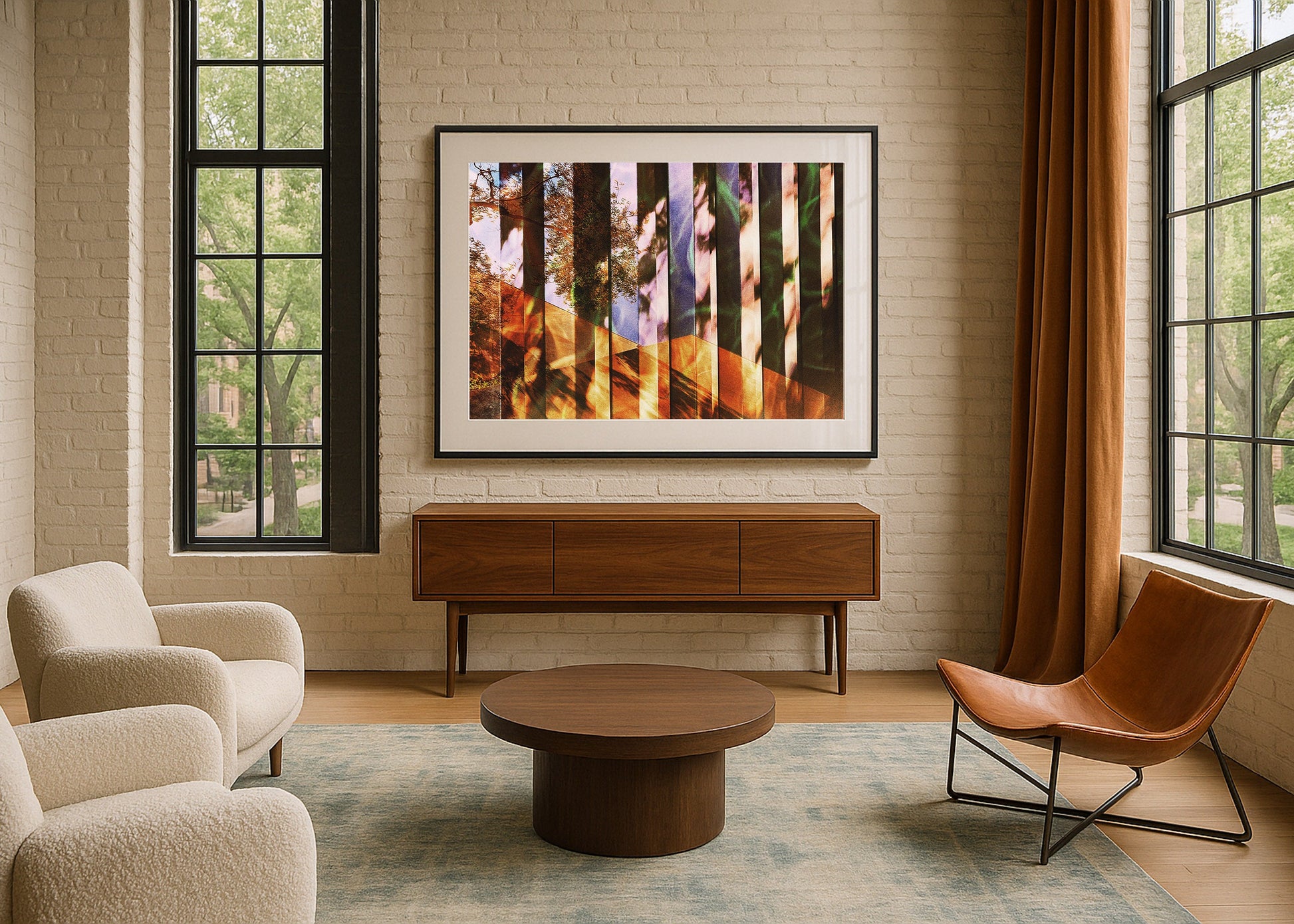 Modern living room with wooden furniture and a colorful abstract painting.