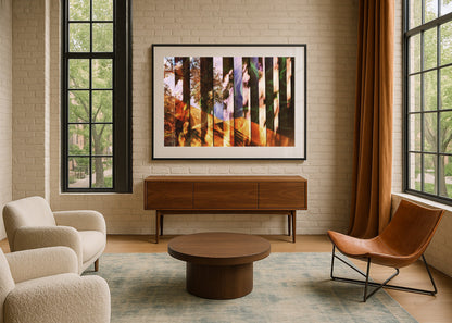 Modern living room with wooden furniture and a colorful abstract painting.