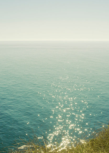 Serene seascape photography print by Niqui Carter, silver and teal ocean light 
