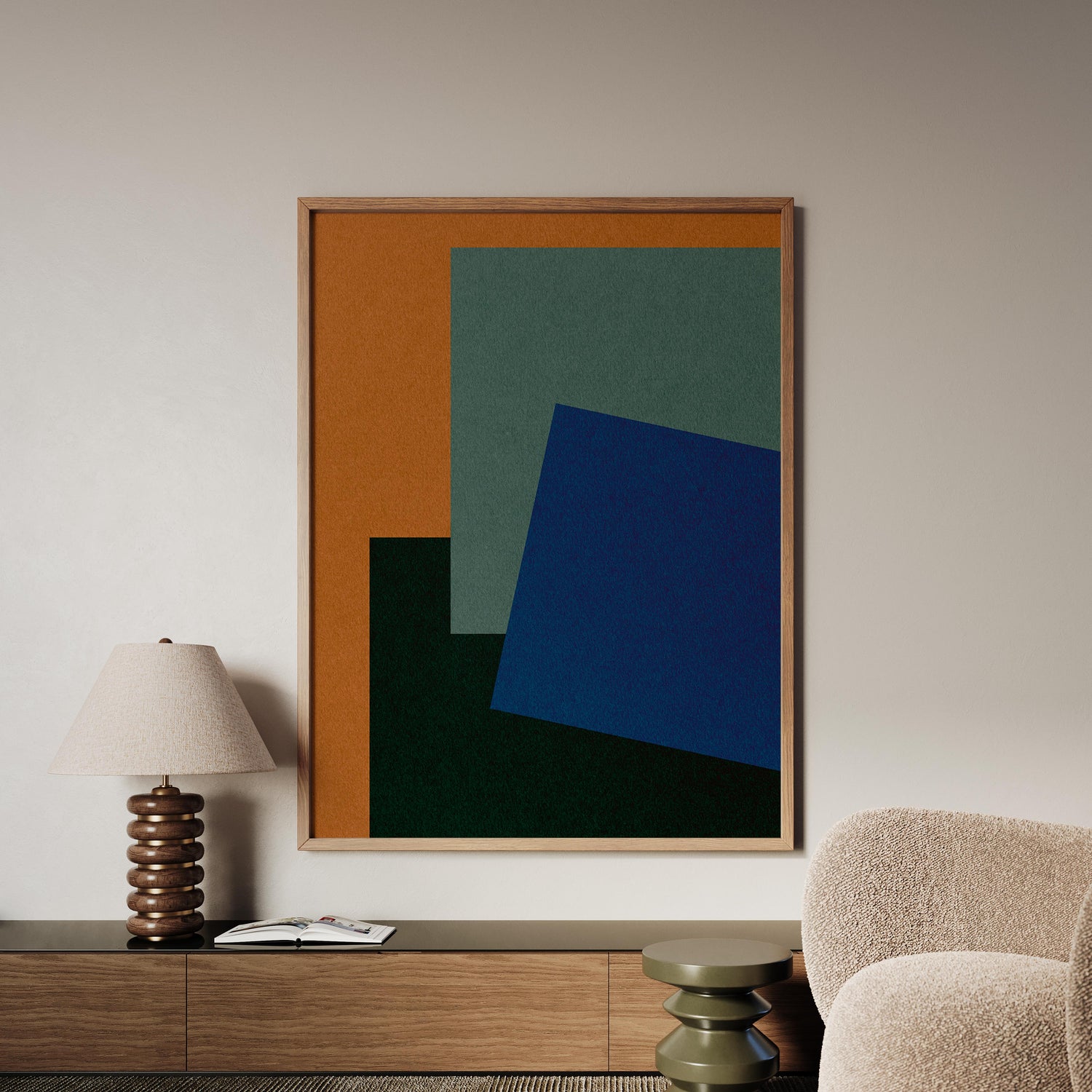 Abstract art piece with geometric shapes in a modern living room setting.