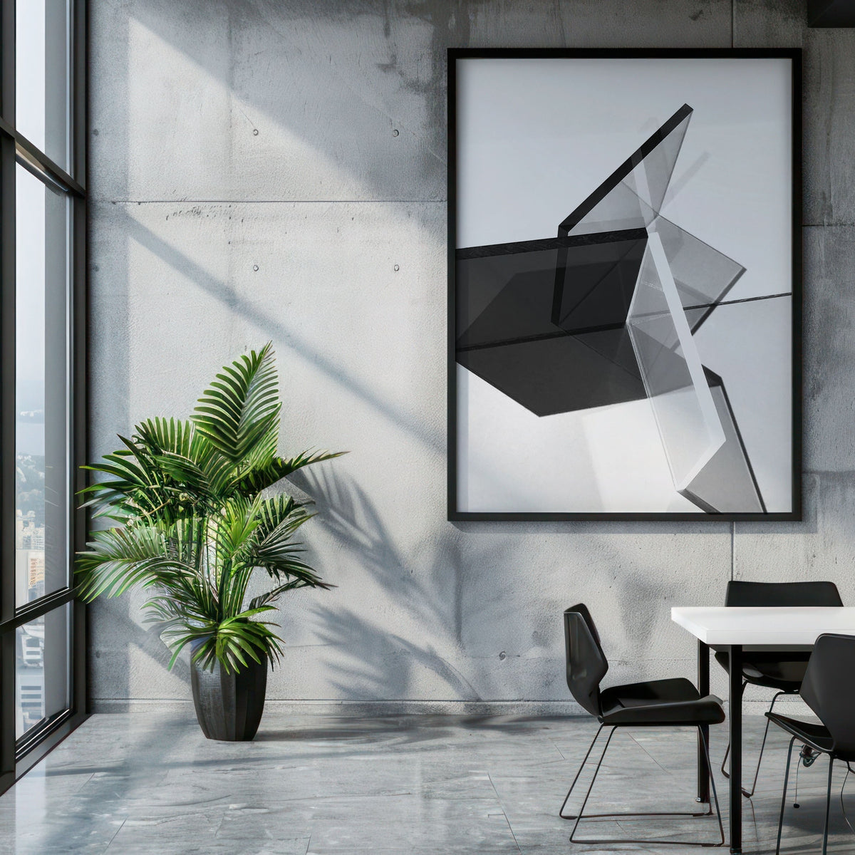 Modern office interior with large windows, a plant, and abstract art on the wall.
