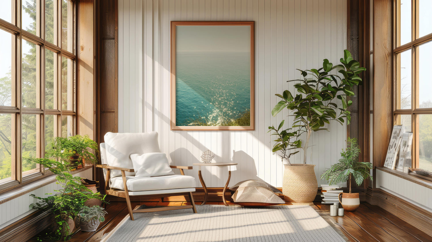 Cozy living room with a large window, plants, and a framed picture of a beach.