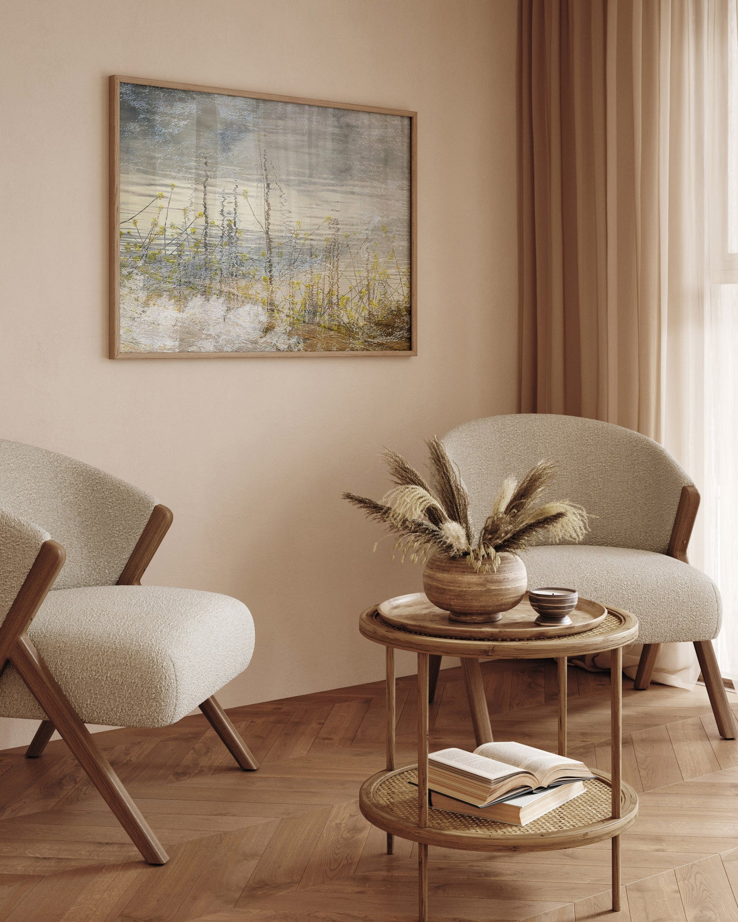 Modern living room with two beige armchairs, a wooden side table, and abstract art on the wall.